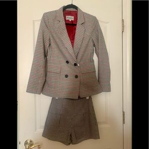 Double-Breasted Glen Plaid Women's Shorts Set - Red Lined Blazer